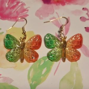 Gold-Tone Green/Orange Butterfly Earrings
